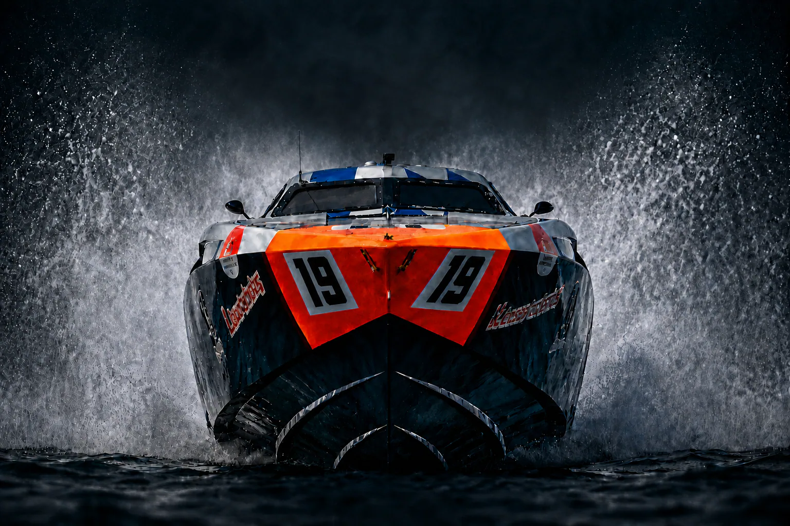 Tommy One charging head-on through offshore spray